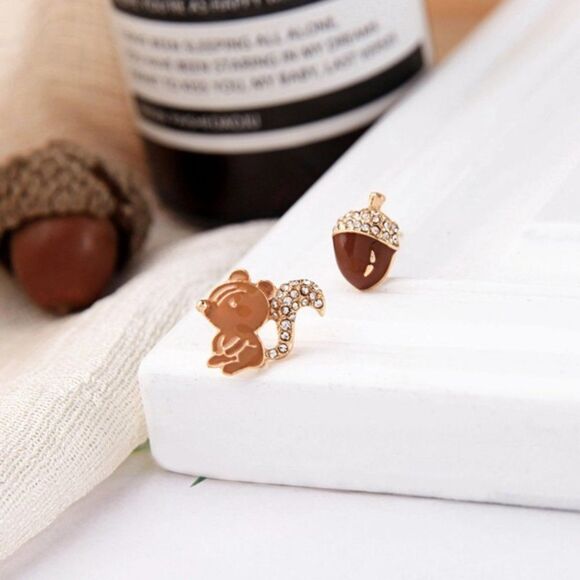 Acorn & Squirrel Enamel Crystal Mismatch Gold Stud Earrings - Picture 8 of 10